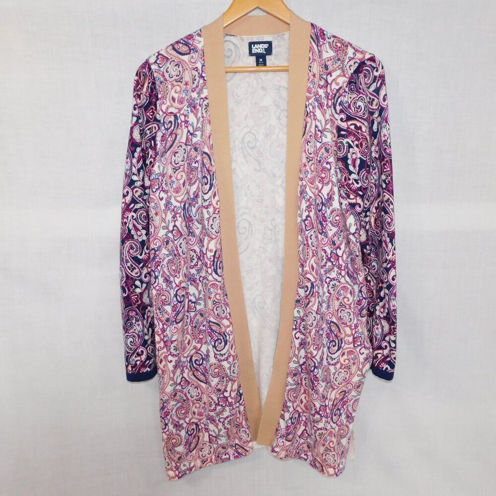 Lands End Paisley Open Front Cardigan Sweater Blue Purple Tan Womens M 10 - 12